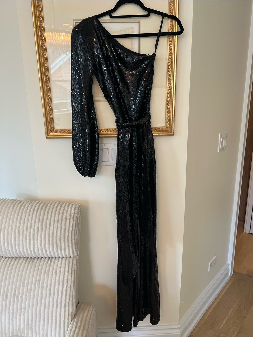 NADINE MERABI Black One-Shoulder Sequin Jumpsuit with Draped Tie - Picture 3 of 9